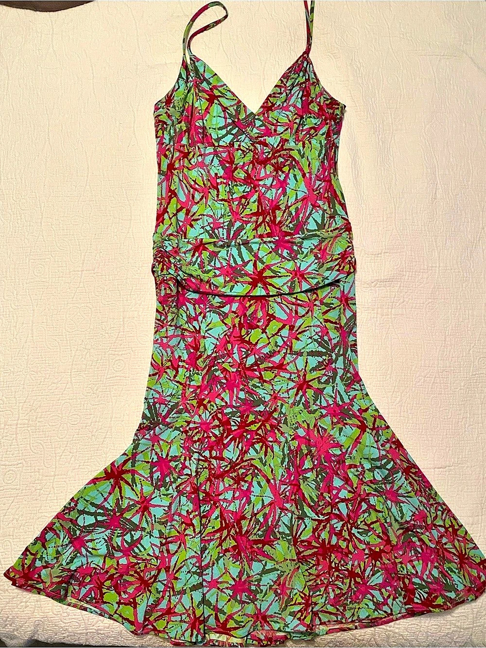 BCBGMAXAZRIA Abstract Print Maxi Dress in Green & Pink Size Medium